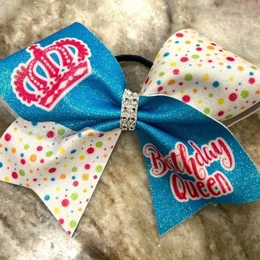 Birthday Queen Cheer Hair Bow with Crown and Blue Sparkles